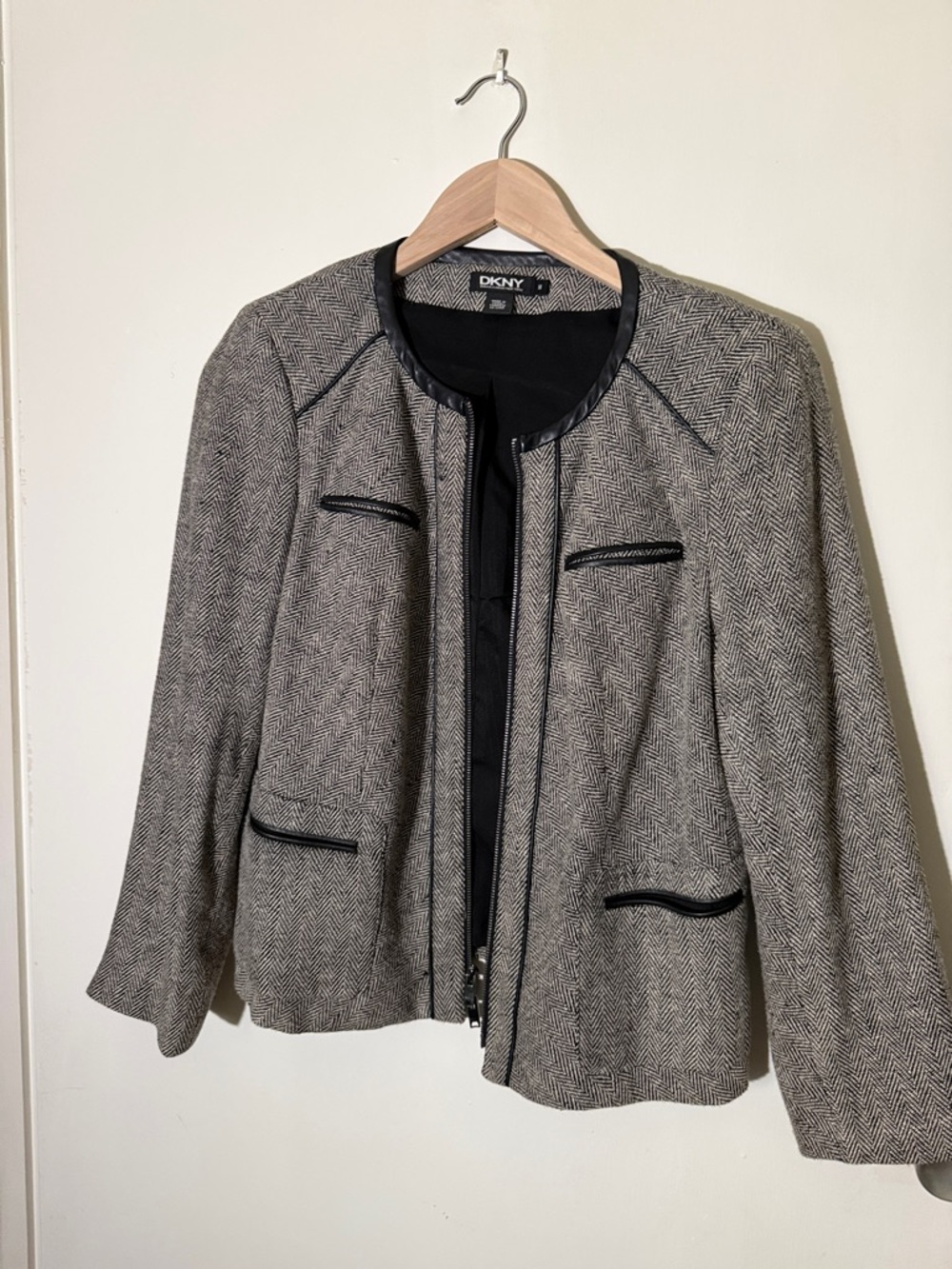 DKNY Gray Herringbone Zip-Front Blazer with Black Trim